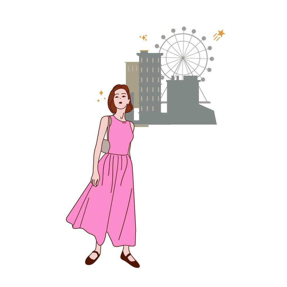 Vector cute girl in trendy outfit walking outdoor.
