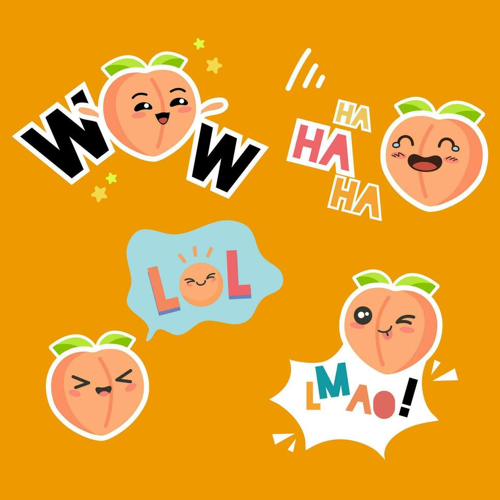 Funny lol stickers concept with peach character. Hand drawn style vector design illustrations.