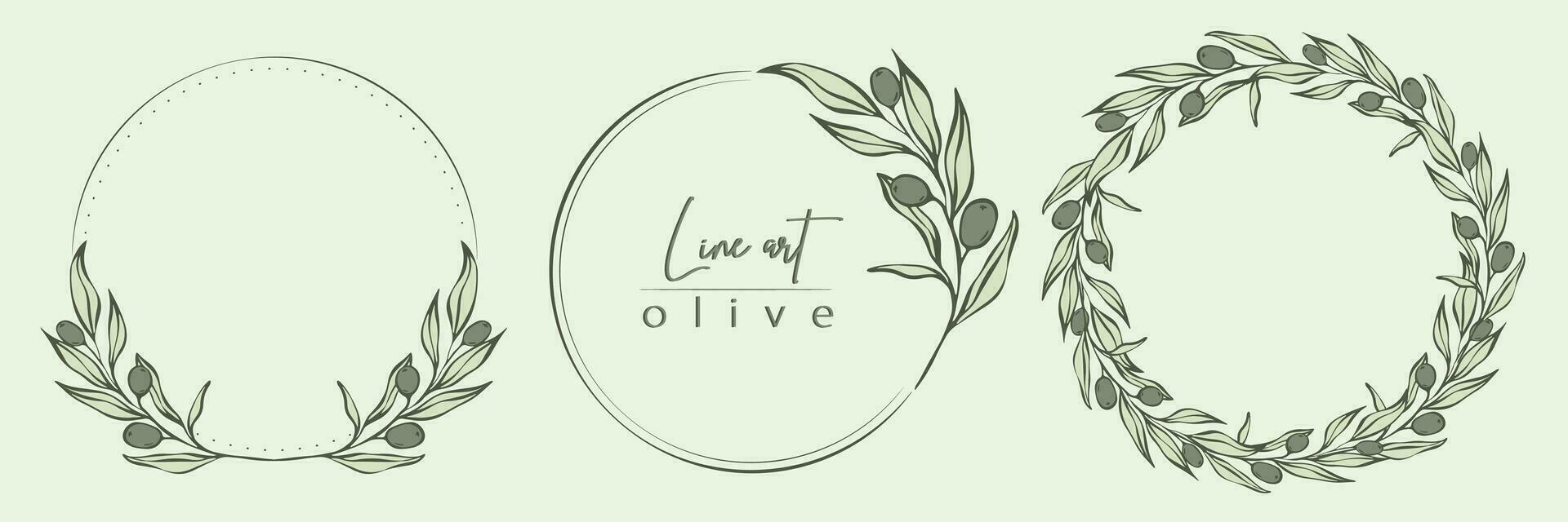 Botanical line illustration set of olive leaves, branch wreath for wedding invitation and cards, logo design, web, social media and posters template. Elegant minimal style floral vector isolated.