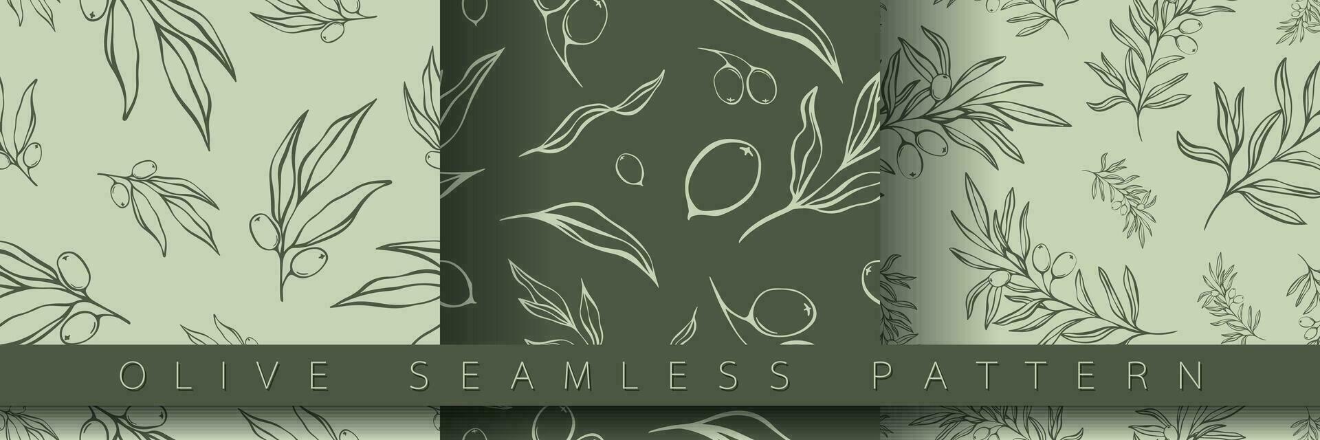 Set of seamless pattern with olive Branch in Minimal Liner Style. Vector Floral Backgrounds for Wedding invitations, greeting cards, print on fabric, wallpapers, scrapbooking, gift wrap and more.