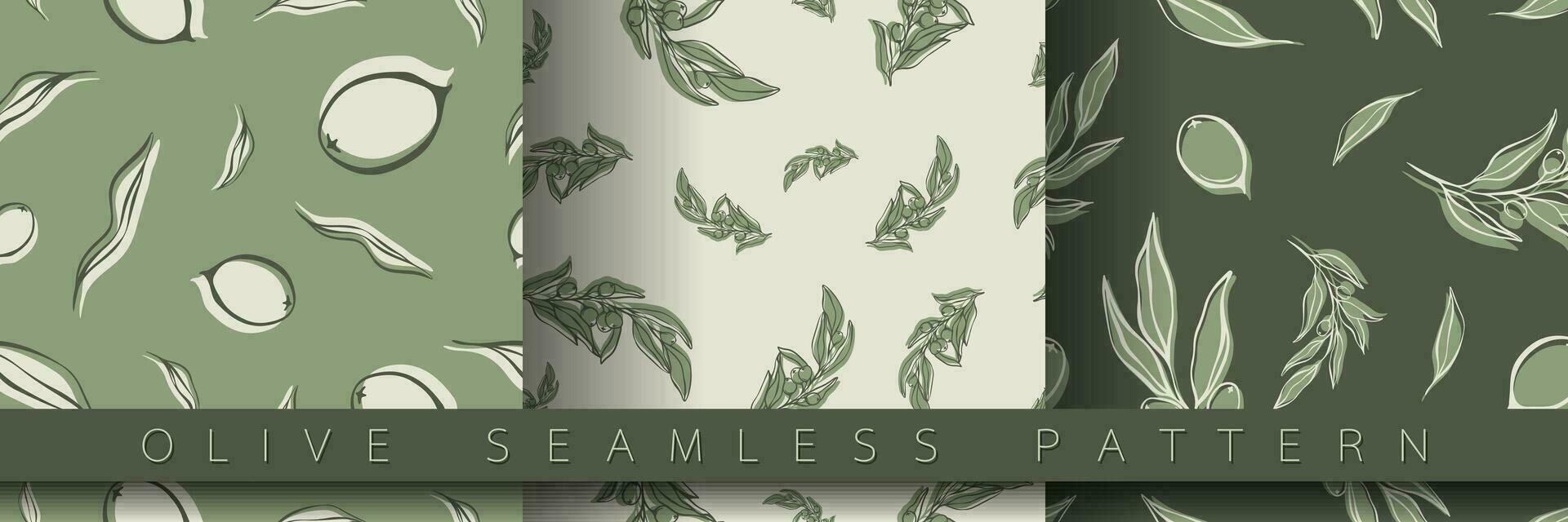 Set of seamless pattern with olive Branch in Minimal Liner Style. Vector Floral Backgrounds for Wedding invitations, greeting cards, print on fabric, wallpapers, scrapbooking, gift wrap and more.