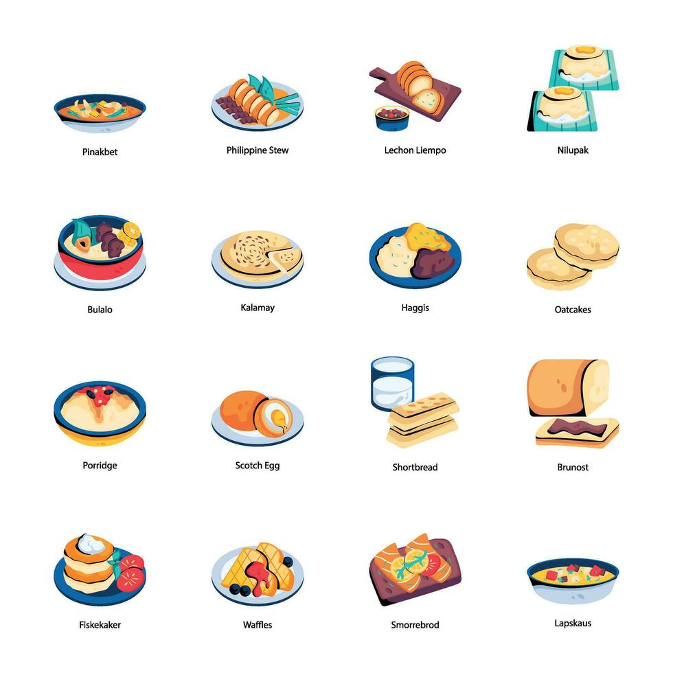 Set of Savoury and Sweet Cuisines Flat Icons vector