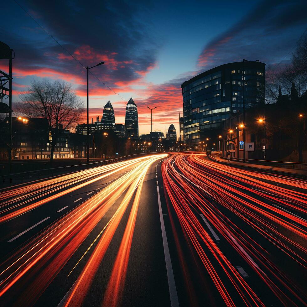 AI generated A city skyline with lights on a highway photo