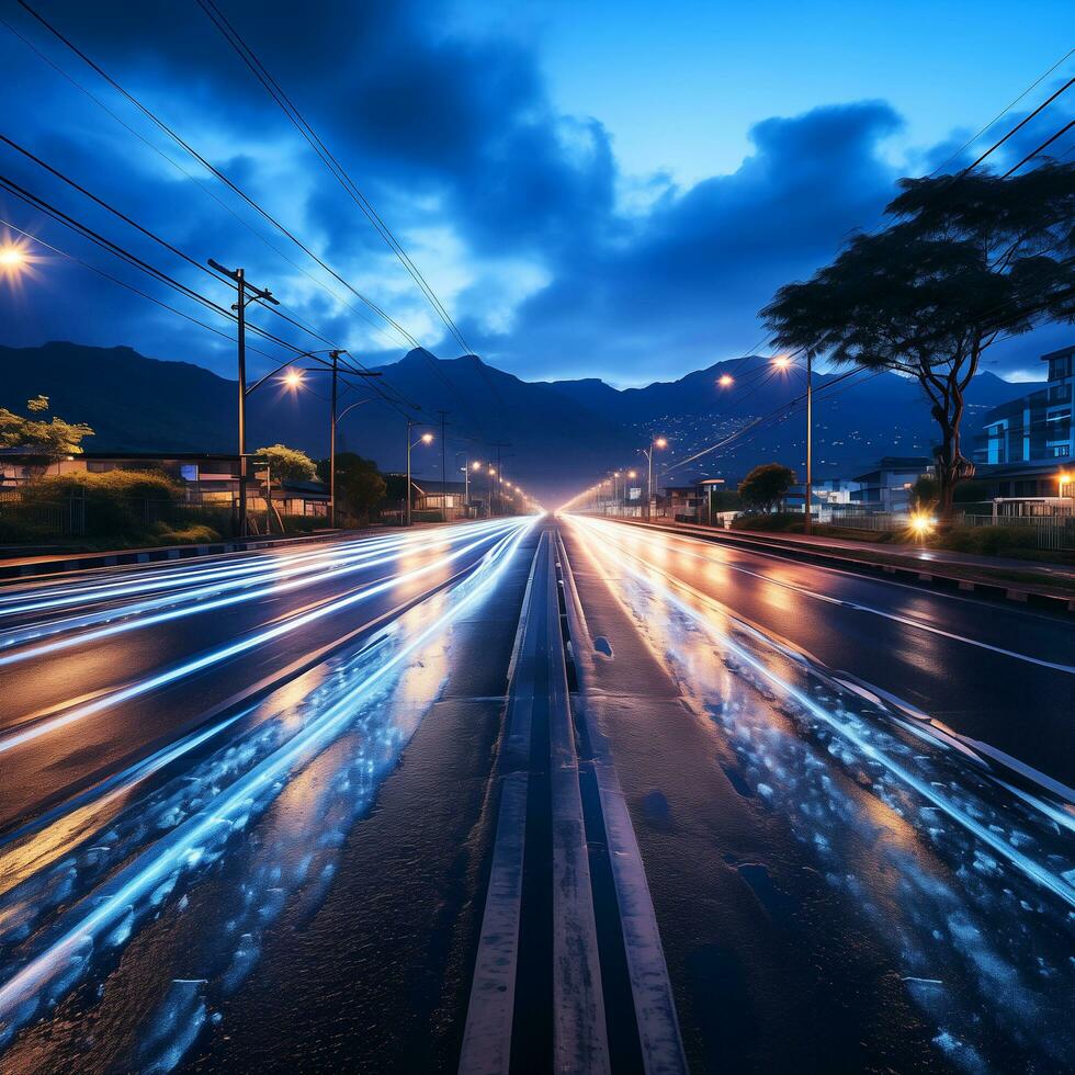 AI generated A city skyline with lights on a highway photo