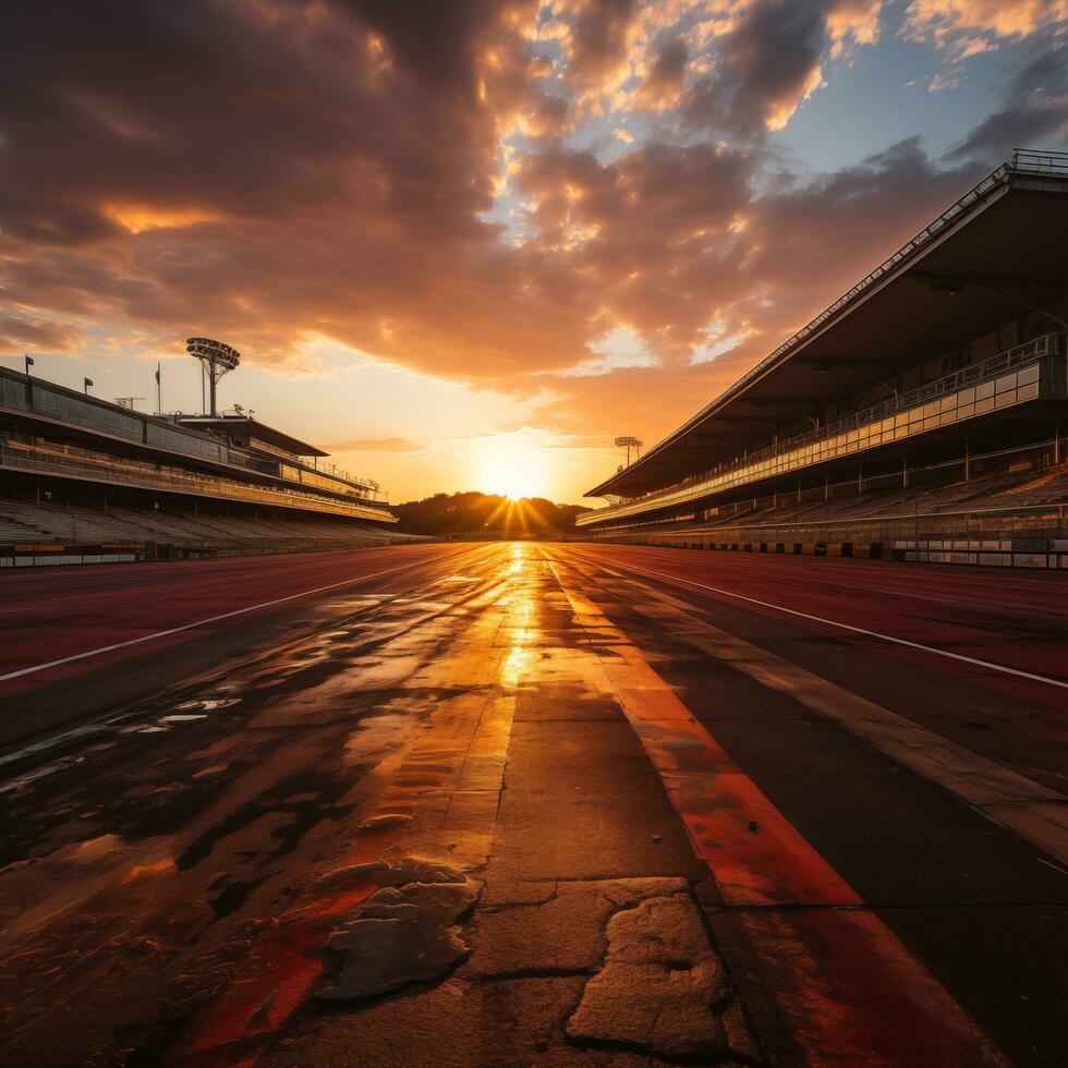 AI generated A wet road with a sunset in the background photo