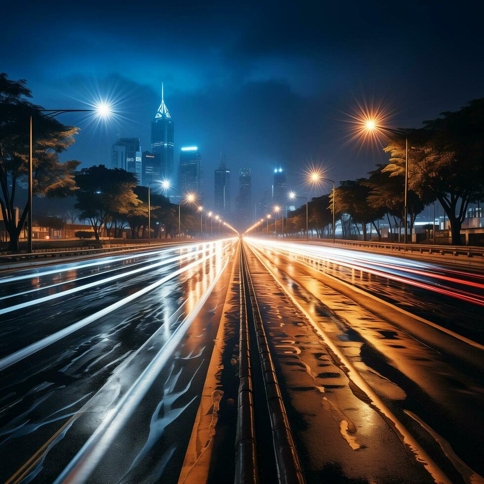 AI generated A city skyline with lights on a highway photo