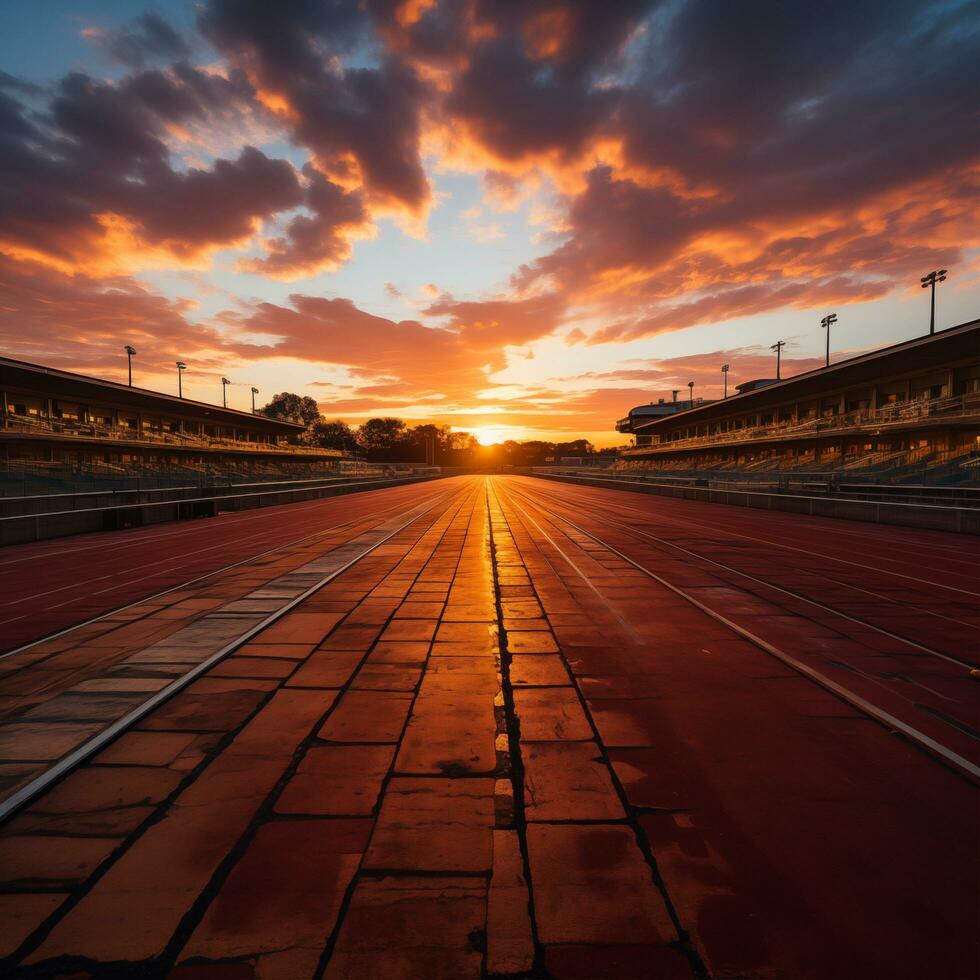 AI generated A wet road with a sunset in the background photo