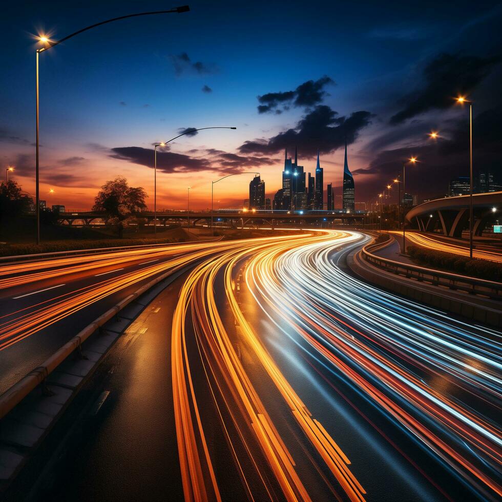 AI generated A city skyline with lights on a highway photo