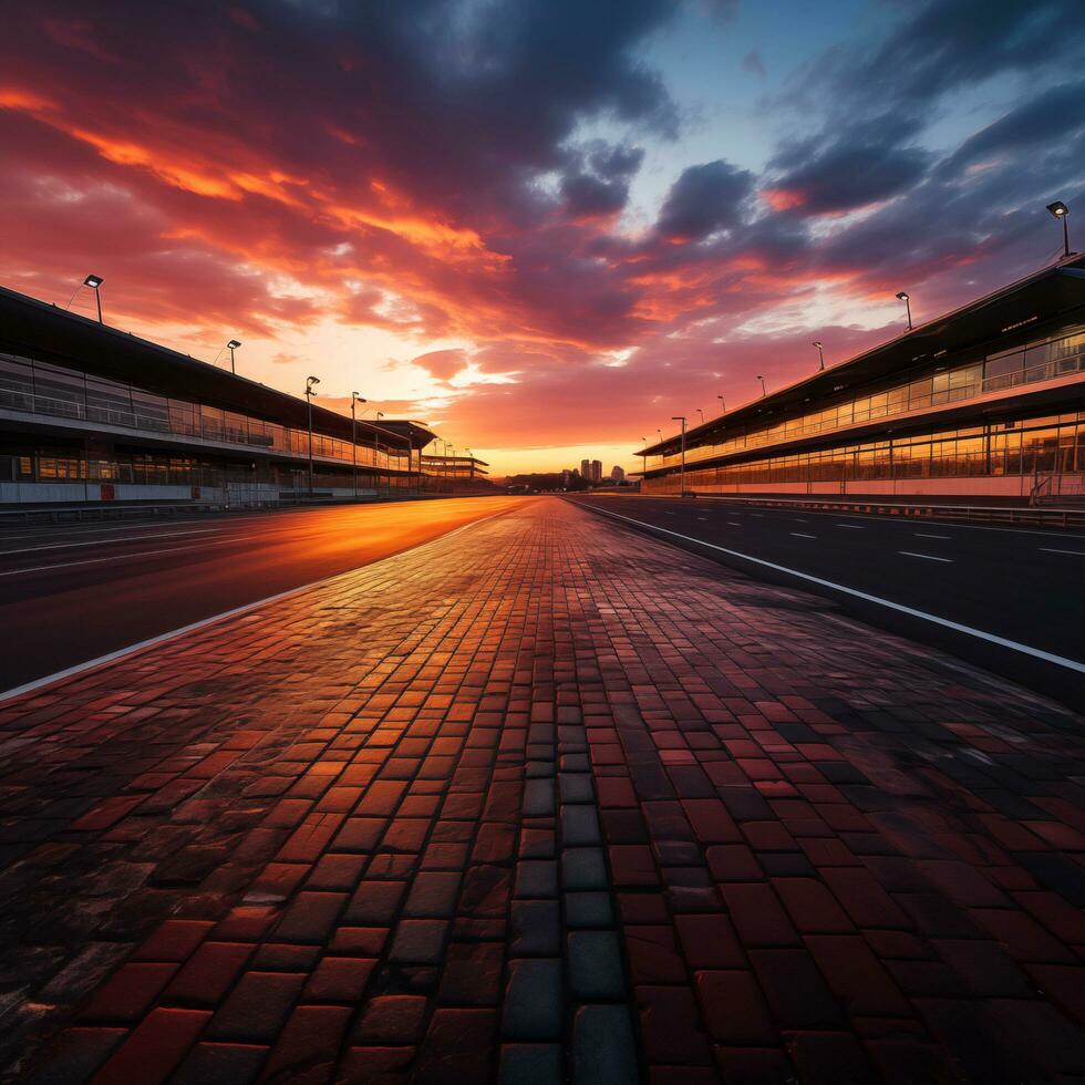 ai generado un mojado la carretera con un puesta de sol en el antecedentes foto