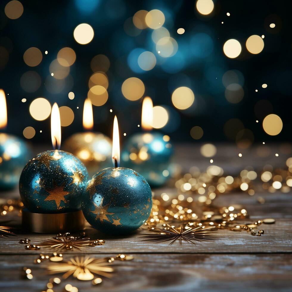 AI generated A group of blue balls with gold glitters and lit candles photo