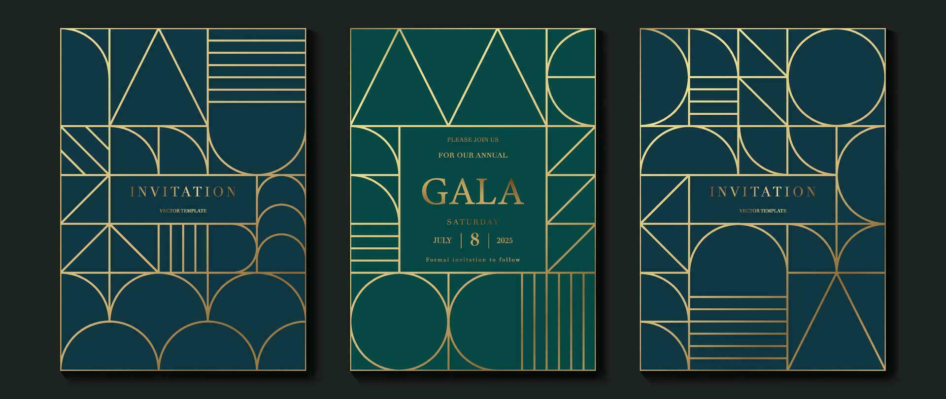 Luxury invitation card background vector. Elegant classic antique design, gold lines gradient on dark blue and green background. Premium design illustration for gala card, grand opening, art deco. vector