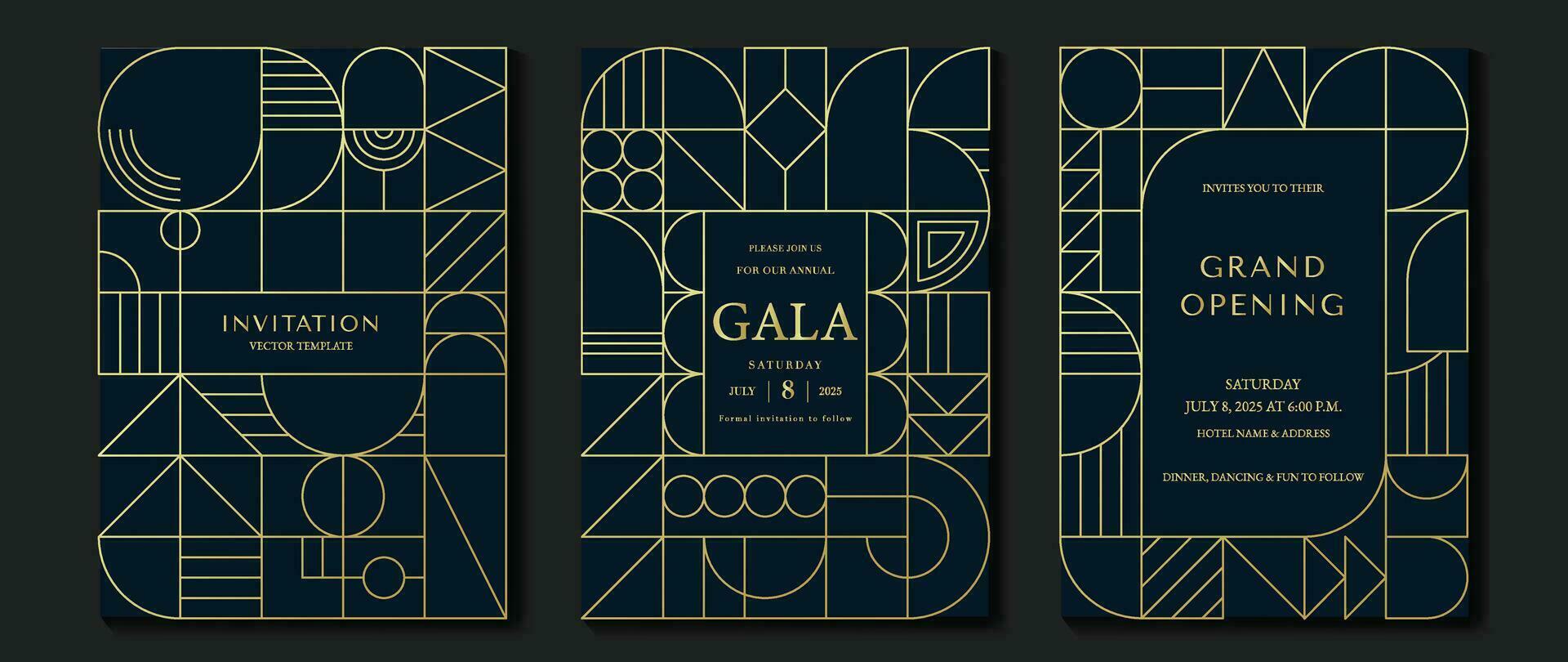 Luxury invitation card background vector. Elegant classic antique design, gold lines gradient on dark blue background. Premium design illustration for gala card, grand opening, art deco. vector