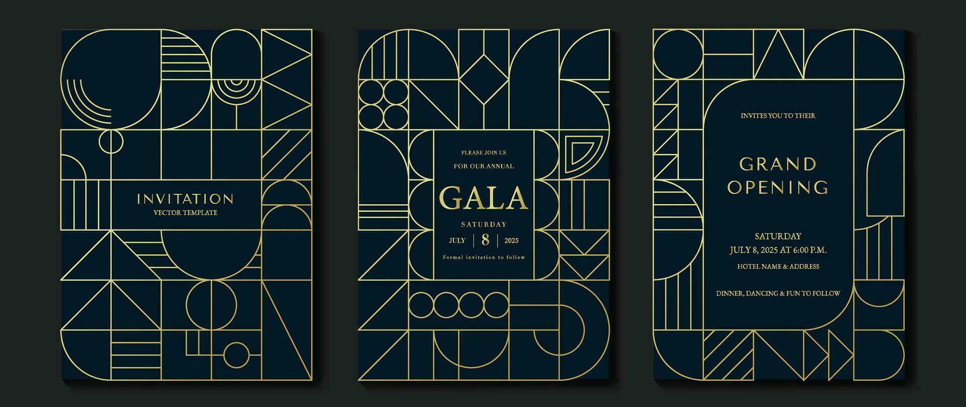 Luxury invitation card background vector. Elegant classic antique design, gold lines gradient on dark blue background. Premium design illustration for gala card, grand opening, art deco. vector