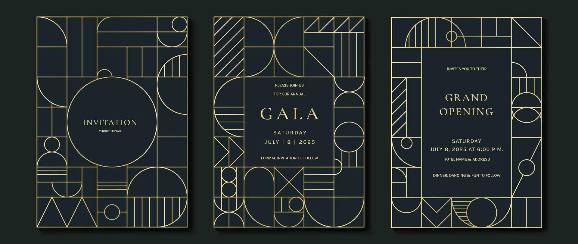 Luxury invitation card background vector. Elegant classic antique design, gold lines gradient on dark blue background. Premium design illustration for gala card, grand opening, art deco. vector