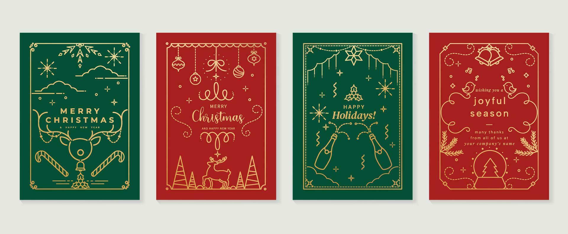 Luxury christmas invitation card art deco design vector. Christmas tree, bauble ball, reindeer, crystal ball line art on green and red background. Design illustration for cover, poster, wallpaper. vector