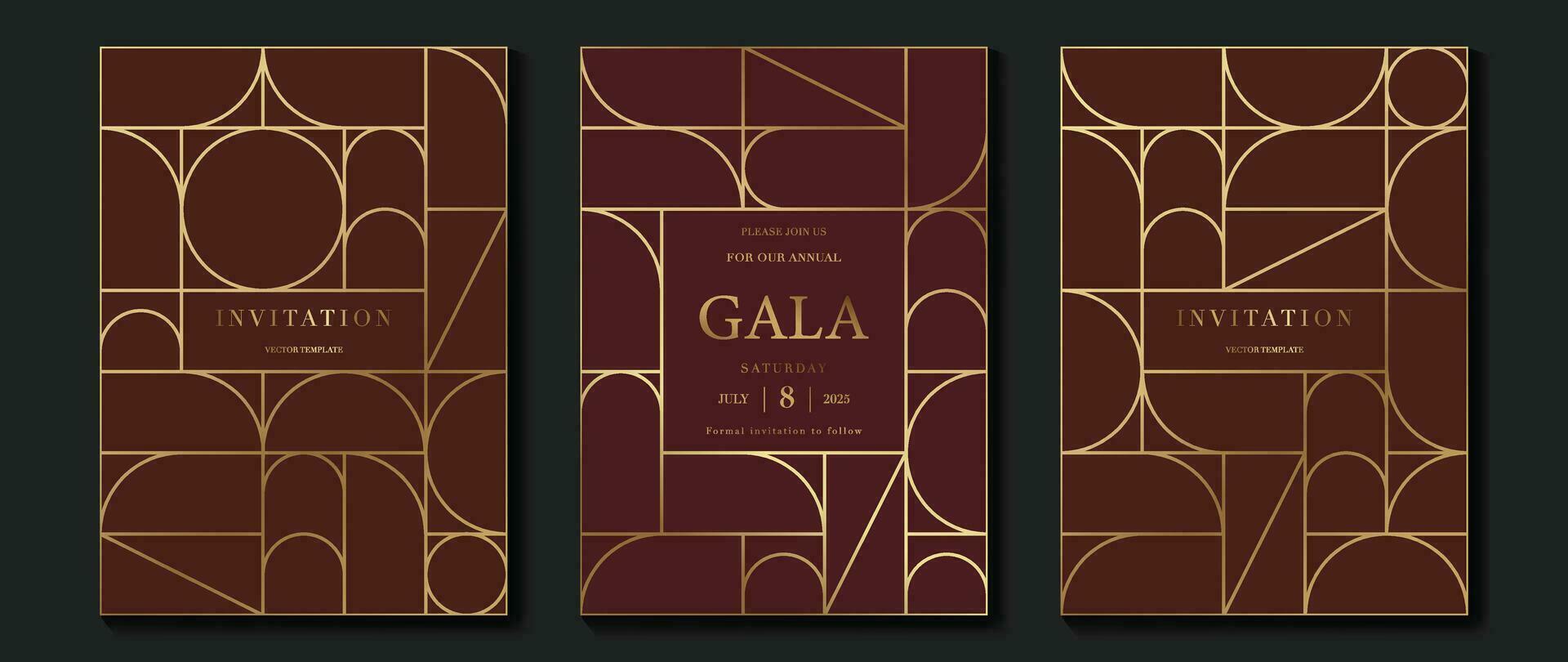 Luxury invitation card background vector. Elegant classic antique design, gold lines gradient, geometric shape on brown background. Premium design illustration for gala card, grand opening, art deco. vector