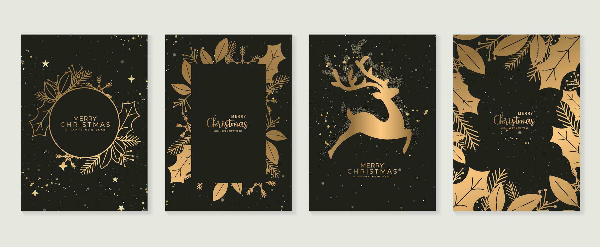 Elegant christmas invitation card art deco design vector. Luxury christmas reindeer, holly, foliage, twinkling star line art on dark background. Design illustration for cover, poster, wallpaper. vector