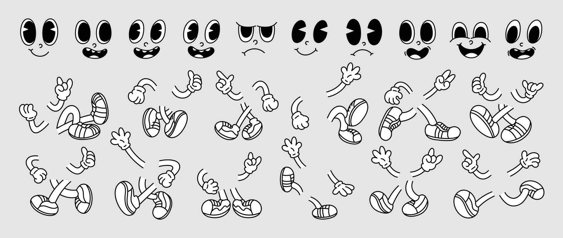 Set of 70s groovy comic faces vector. Collection of cartoon character faces, leg, hand in different emotions happy, angry, sad, cheerful. Cute retro groovy hippie illustration for decorative, sticker. vector