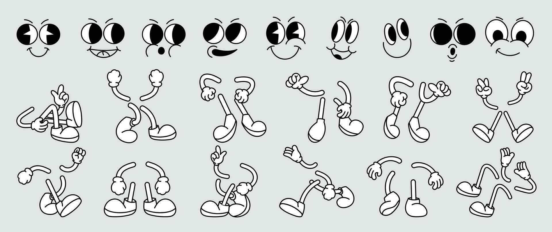Set of 70s groovy comic faces vector. Collection of cartoon character faces, leg, hand in different emotions happy, angry, sad, cheerful. Cute retro groovy hippie illustration for decorative, sticker. vector