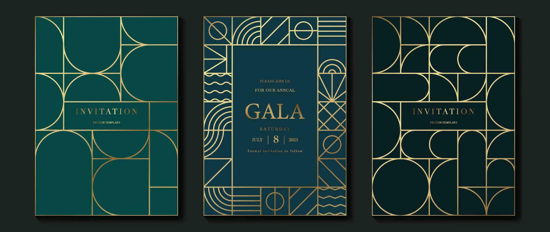 Luxury invitation card background vector. Elegant classic antique design, gold lines gradient on dark blue and green background. Premium design illustration for gala card, grand opening, art deco. vector