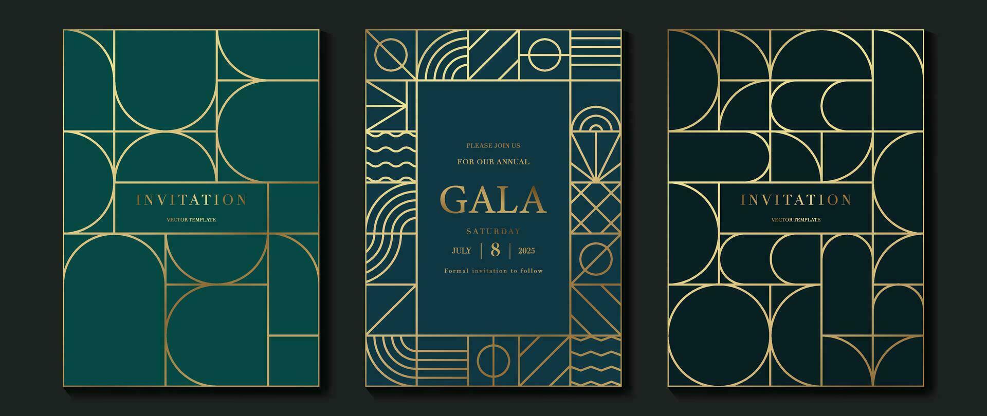 lujo invitación tarjeta antecedentes vector. elegante clásico antiguo diseño, oro líneas degradado en oscuro azul y verde antecedentes. prima diseño ilustración para gala tarjeta, grandioso apertura, Arte decoración vector