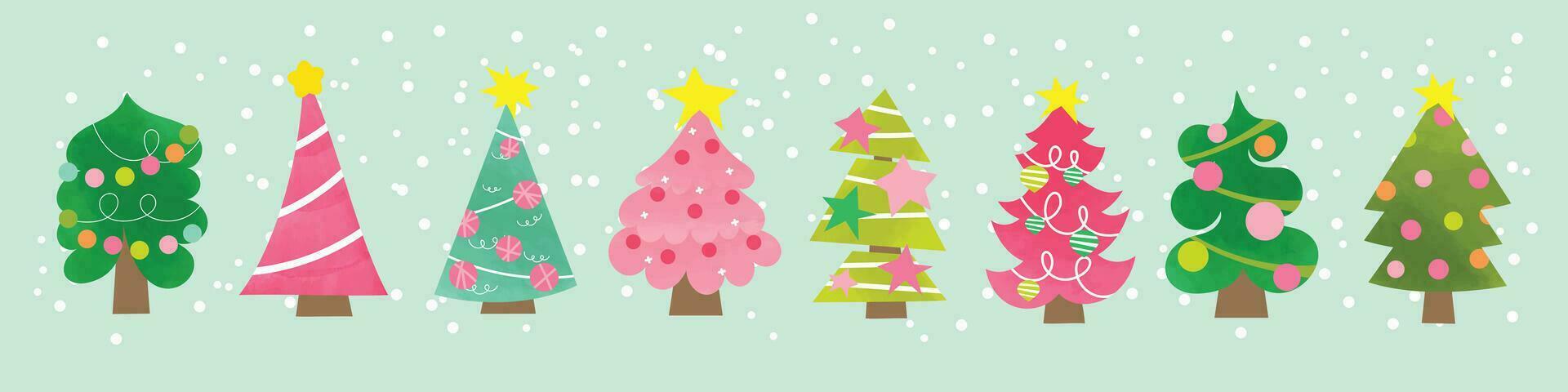 Set of watercolor decorative christmas tree vector illustration. Elements of ornamental balls, decorative light, star, snowfall. Design for card, comic, print, poster, banner, decoration.