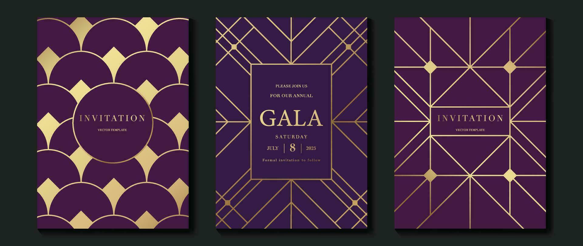 Luxury invitation card background vector. Elegant classic antique design, gold lines gradient on purple background. Premium design illustration for gala card, grand opening, art deco. vector