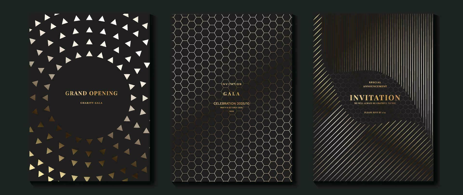 Luxury invitation card background vector. Golden elegant geometric shape, gold line gradient on dark background. Premium design illustration for gala card, grand opening, party invitation. vector