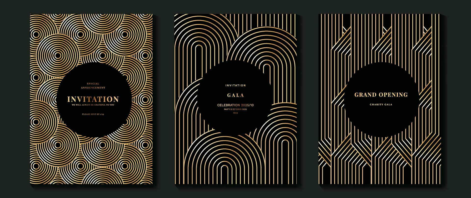 Luxury invitation card background vector. Golden elegant geometric shape, gold line gradient on dark background. Premium design illustration for gala card, grand opening, party invitation. vector