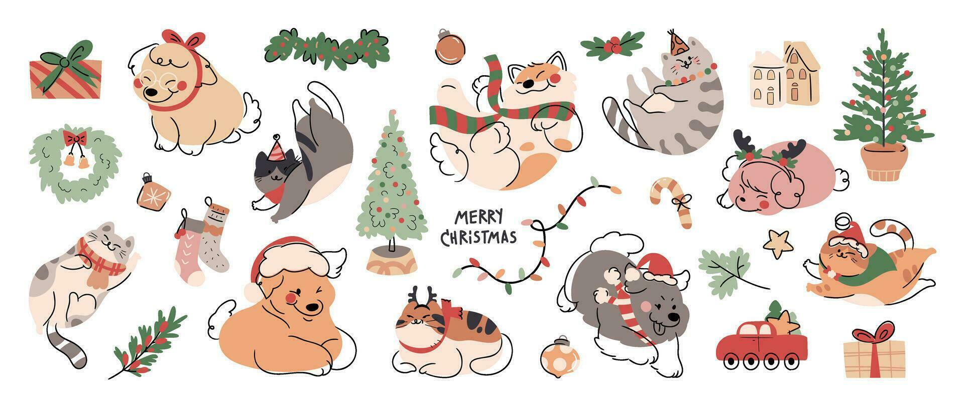 Merry christmas and happy new year concept background vector. Collection drawing of cute dogs and cats with decorative scarf, ribbon, hat. Design suitable for banner, invitation, banner, cover. vector