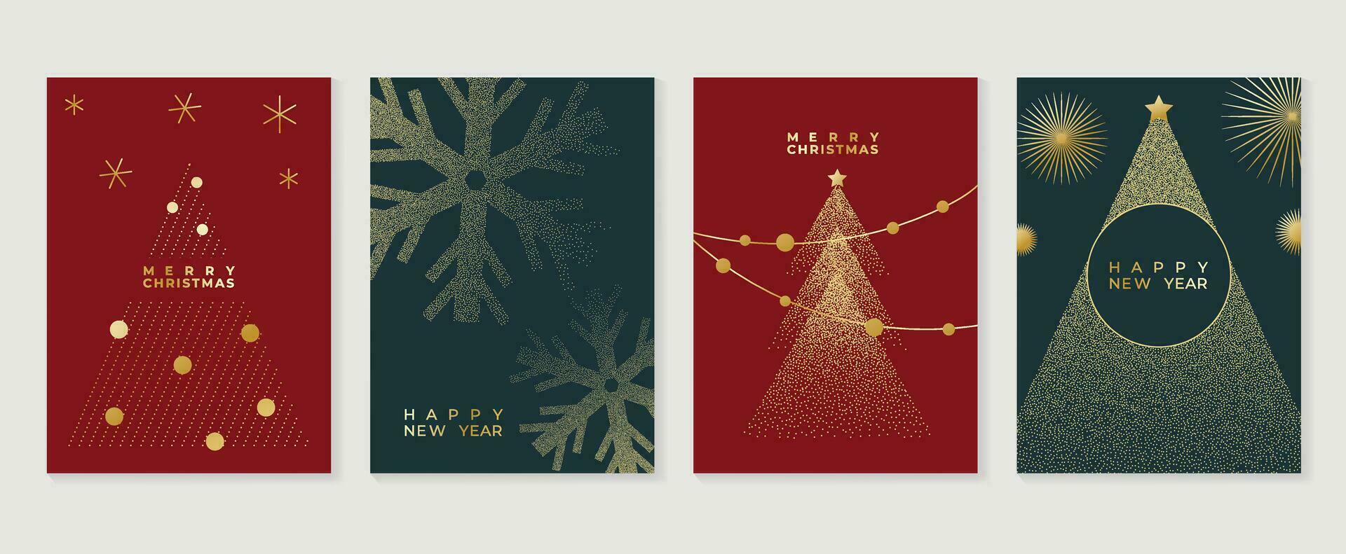 Elegant christmas invitation card art deco design vector. Luxury christmas tree, snowflake, firework, spot texture on red and blue background. Design illustration for cover, poster, wallpaper. vector