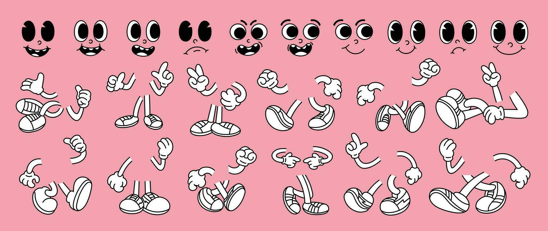 Set of 70s groovy comic faces vector. Collection of cartoon character faces, leg, hand in different emotions happy, angry, sad, cheerful. Cute retro groovy hippie illustration for decorative, sticker. vector