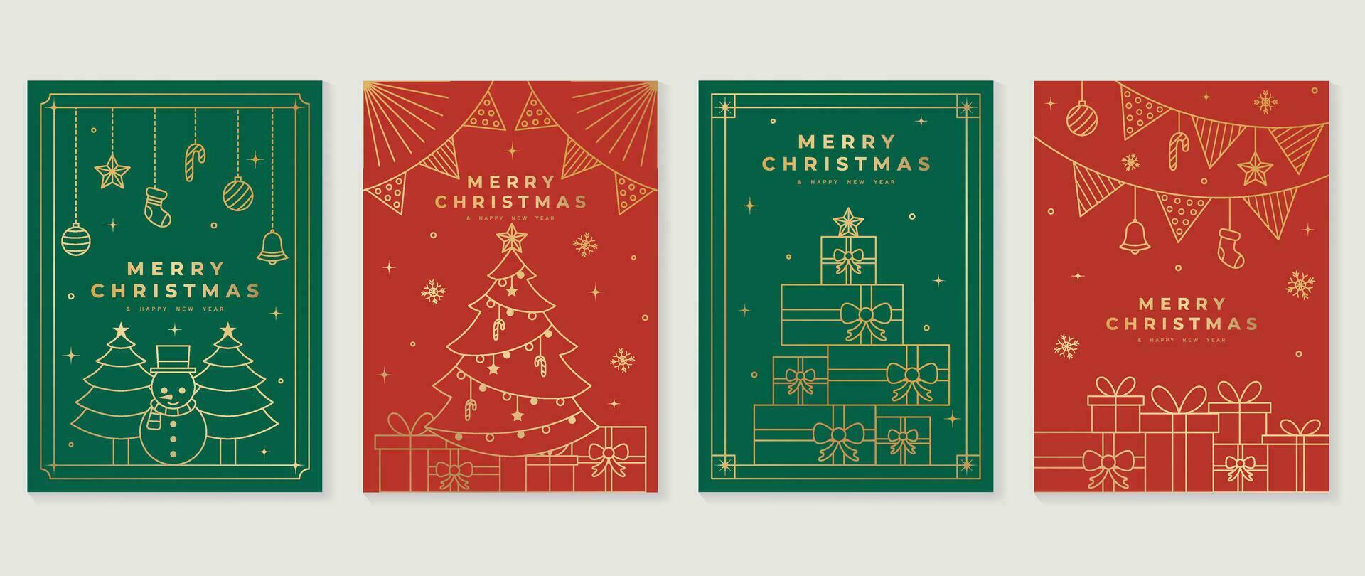 Luxury christmas invitation card art deco design vector. Christmas tree, bauble ball, snowman, gift, snowflake line art on green and red background. Design illustration for cover, poster, wallpaper. vector