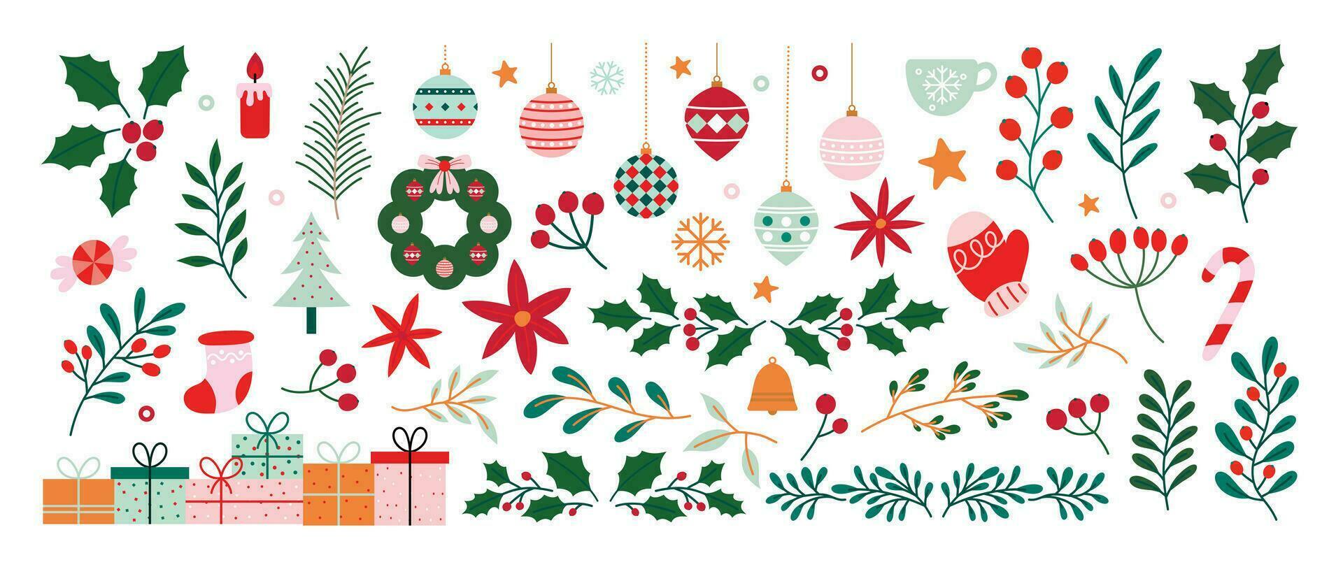 Merry christmas and happy new year element vector. Collection drawing of holly plant, christmas tree, glove, sock, gift, christmas bauble ball. Design suitable for banner, invitation, decoration. vector