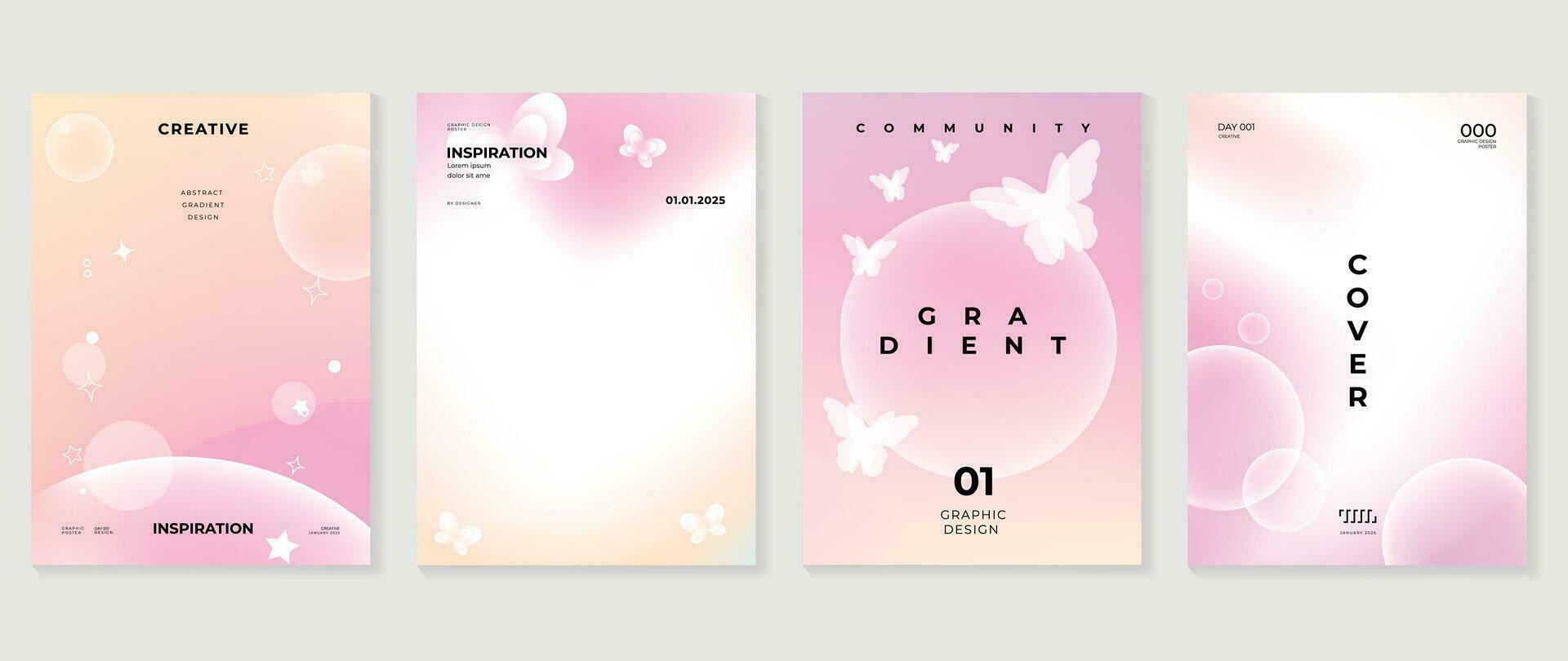 Aesthetic poster design set. Cute gradient holographic background vector with geometric shape, gradient bubble, butterfly. Beauty ideal design for social media, cosmetic product, promote, banner, ads.