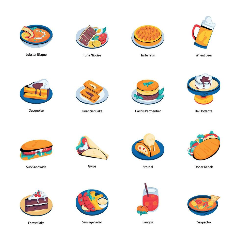 conjunto de tradicional comida plano íconos vector