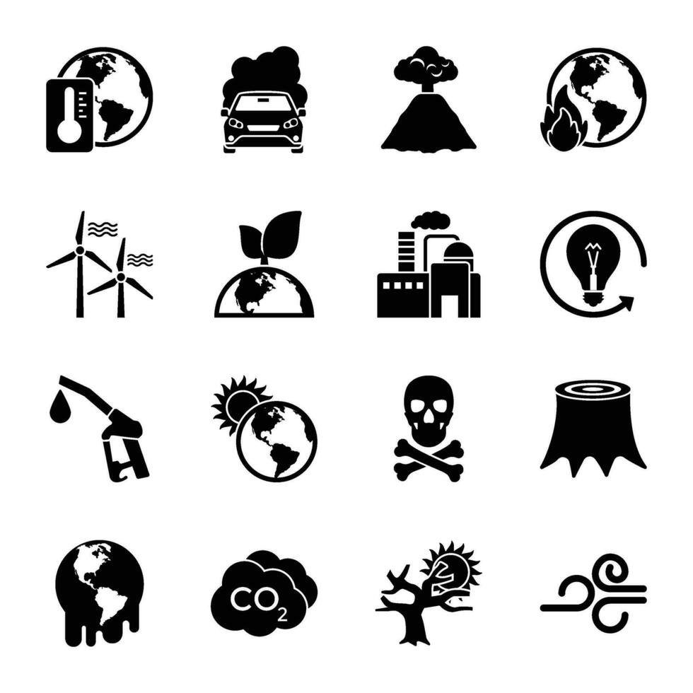 Global Warming Solid Icons Set vector