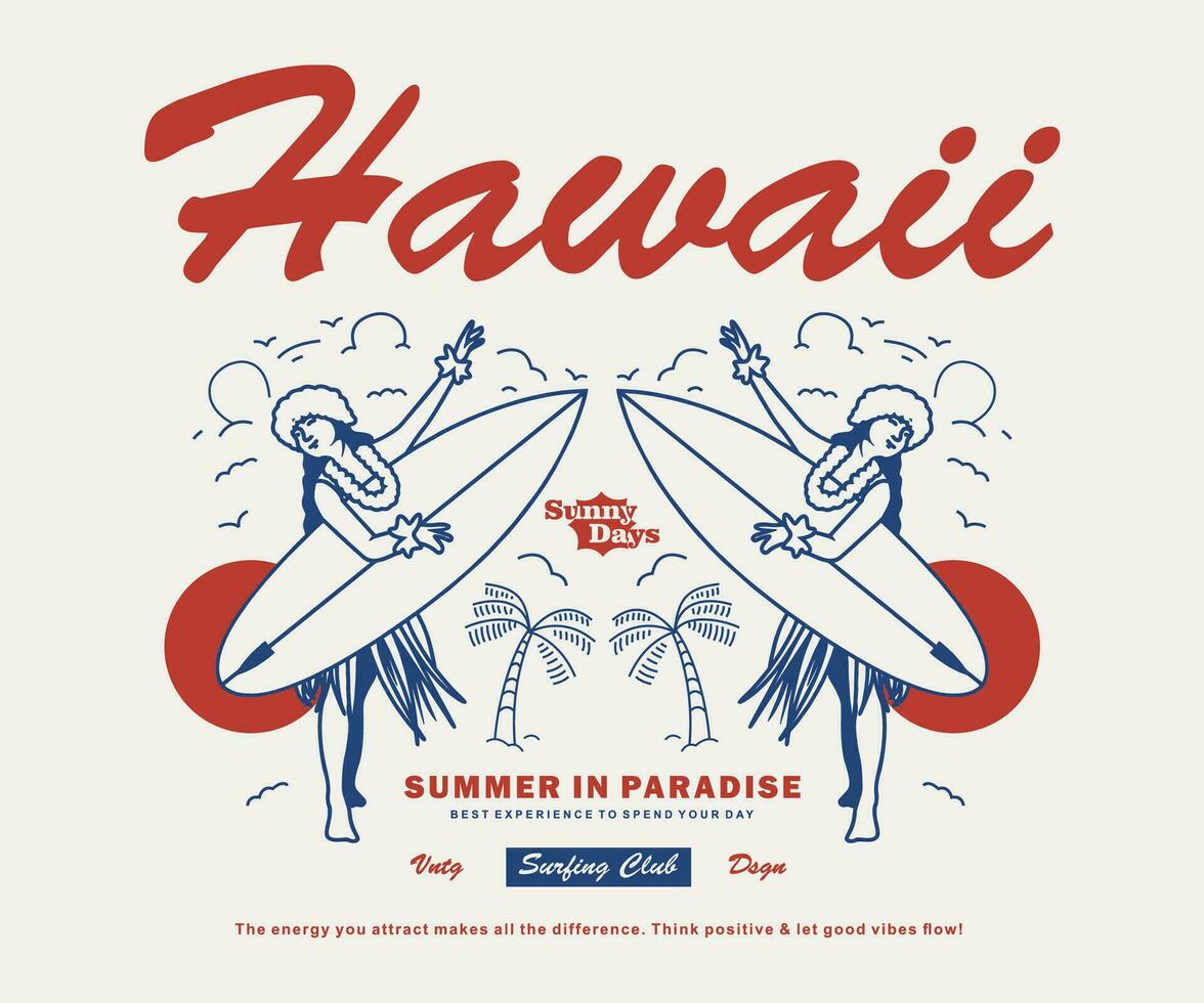 Clásico ilustración de Hawai, surf, niña Hawai vector t camisa diseño, vector gráfico, tipográfico póster o camisetas calle vestir y urbano estilo