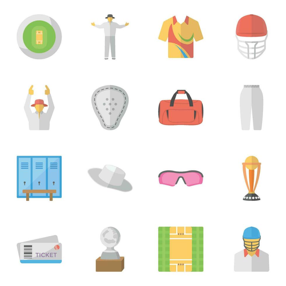 Cricket Game Flat Vector Icons Set