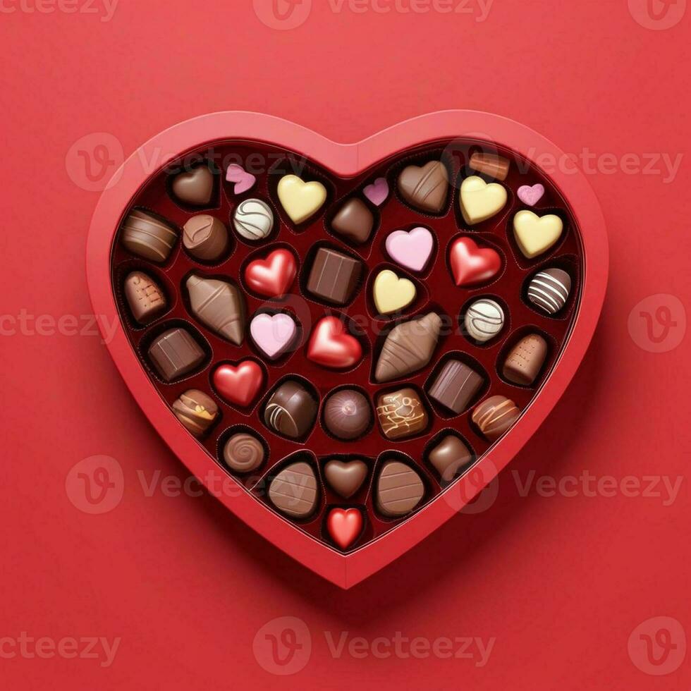 AI generated a 3d heart shaped box with chocolates on isolated red background. generated with AI photo