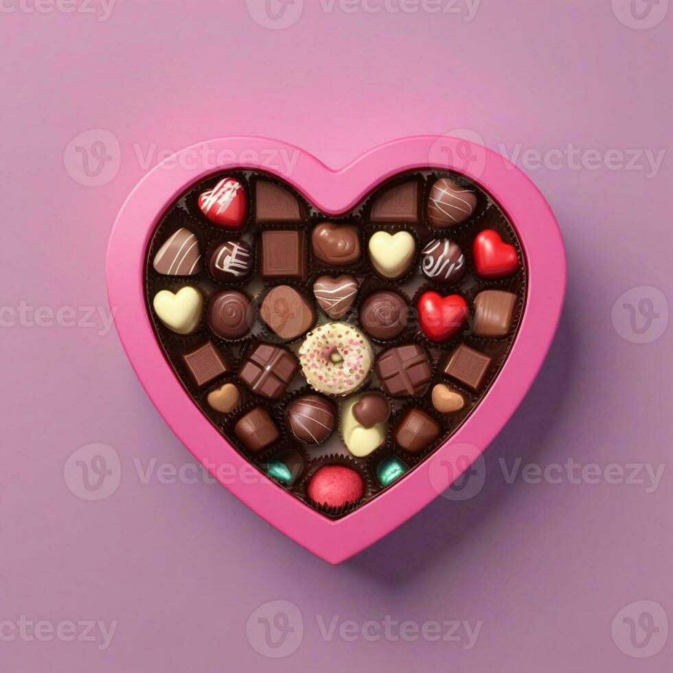 AI generated a 3d heart shaped box with chocolates on isolated pink background. generated with AI photo
