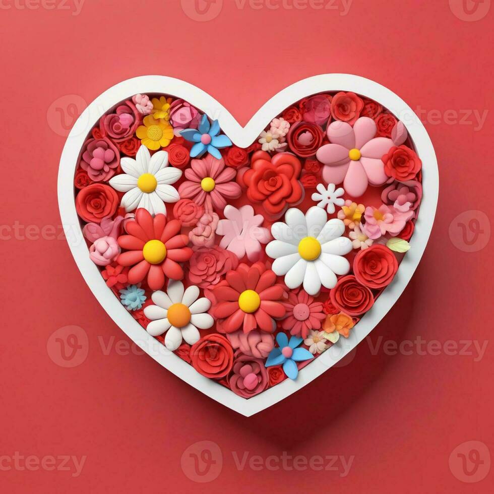 AI generated a 3d heart shaped box with flowers on isolated RED background. generated with AI photo
