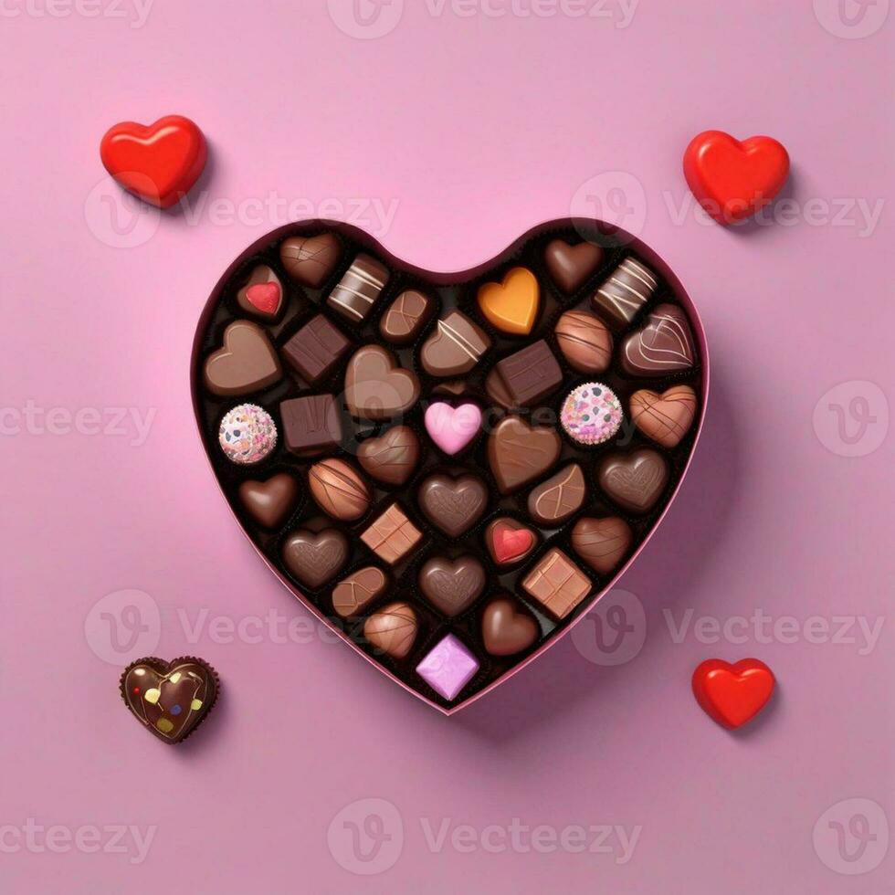 AI generated a 3d heart shaped box with chocolates on isolated pink background. generated with AI photo