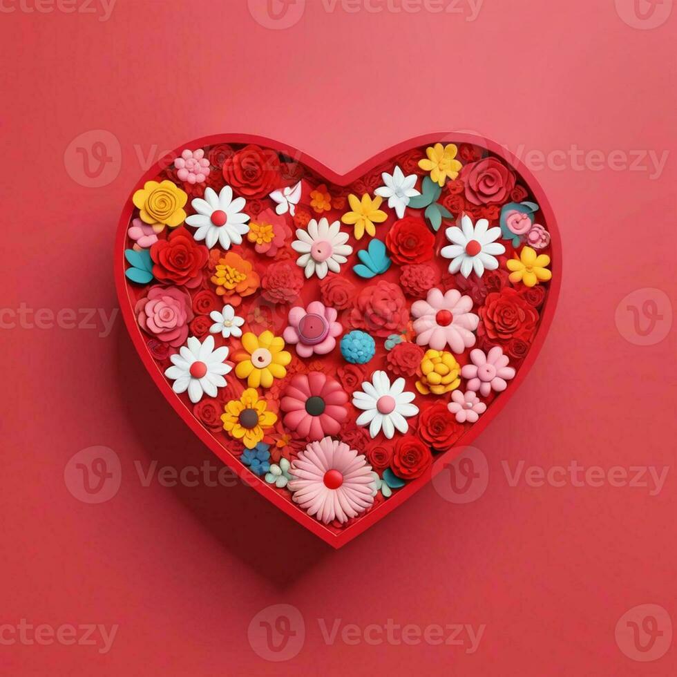 AI generated a 3d heart shaped box with flowers on isolated RED background. generated with AI photo