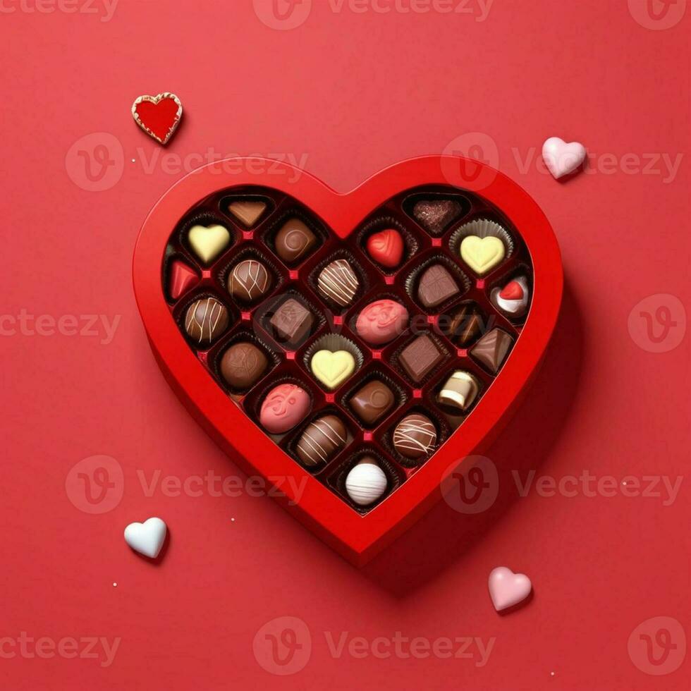 AI generated a 3d heart shaped box with chocolates on isolated red background. generated with AI photo