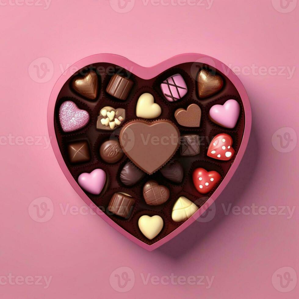 AI generated a 3d heart shaped box with chocolates on isolated pink background. generated with AI photo