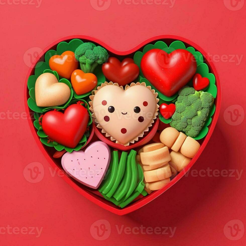 ai generado un 3d corazón conformado vegetales en aislado rojo antecedentes. generado con ai foto