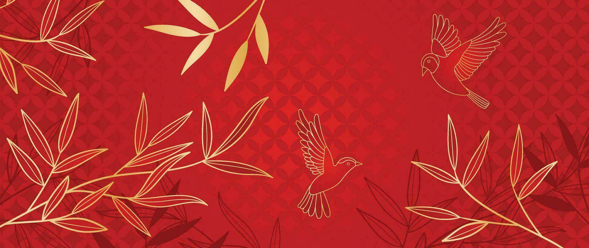 Elegant Chinese oriental pattern background vector. Elegant swallow bird and bamboo leaves branch golden line art on red background. Design illustration for happy new year, wallpaper, banner, card. vector