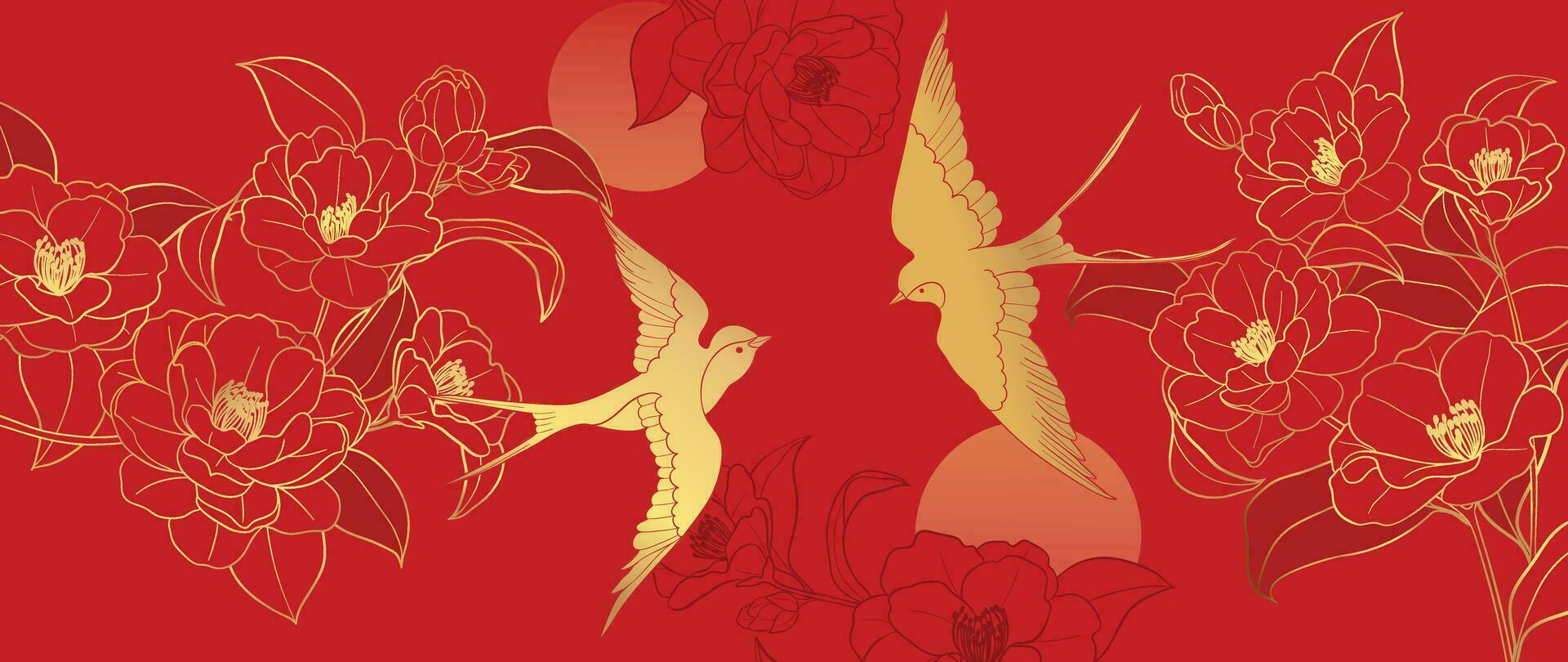 Elegant Chinese oriental pattern background vector. Elegant swallow bird and peony flower golden line art on red background. Design illustration for happy new year, wallpaper, banner, card. vector