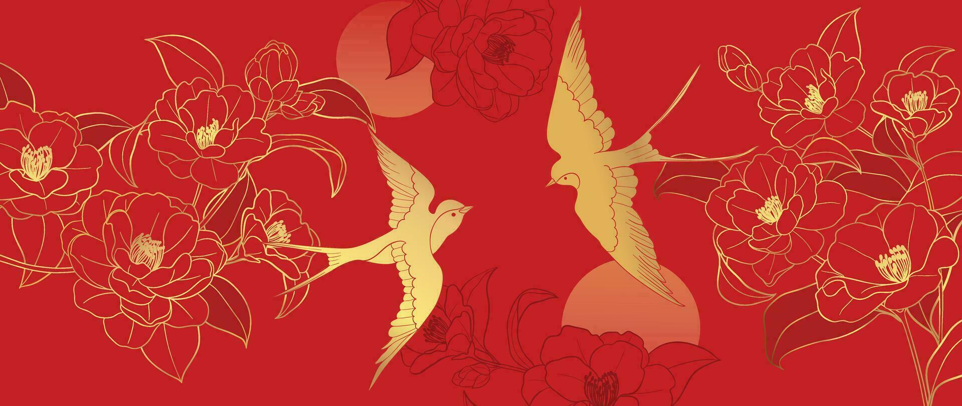 elegante chino oriental modelo antecedentes vector. elegante golondrina pájaro y peonía flor dorado línea Arte en rojo antecedentes. diseño ilustración para contento nuevo año, fondo de pantalla, bandera, tarjeta. vector